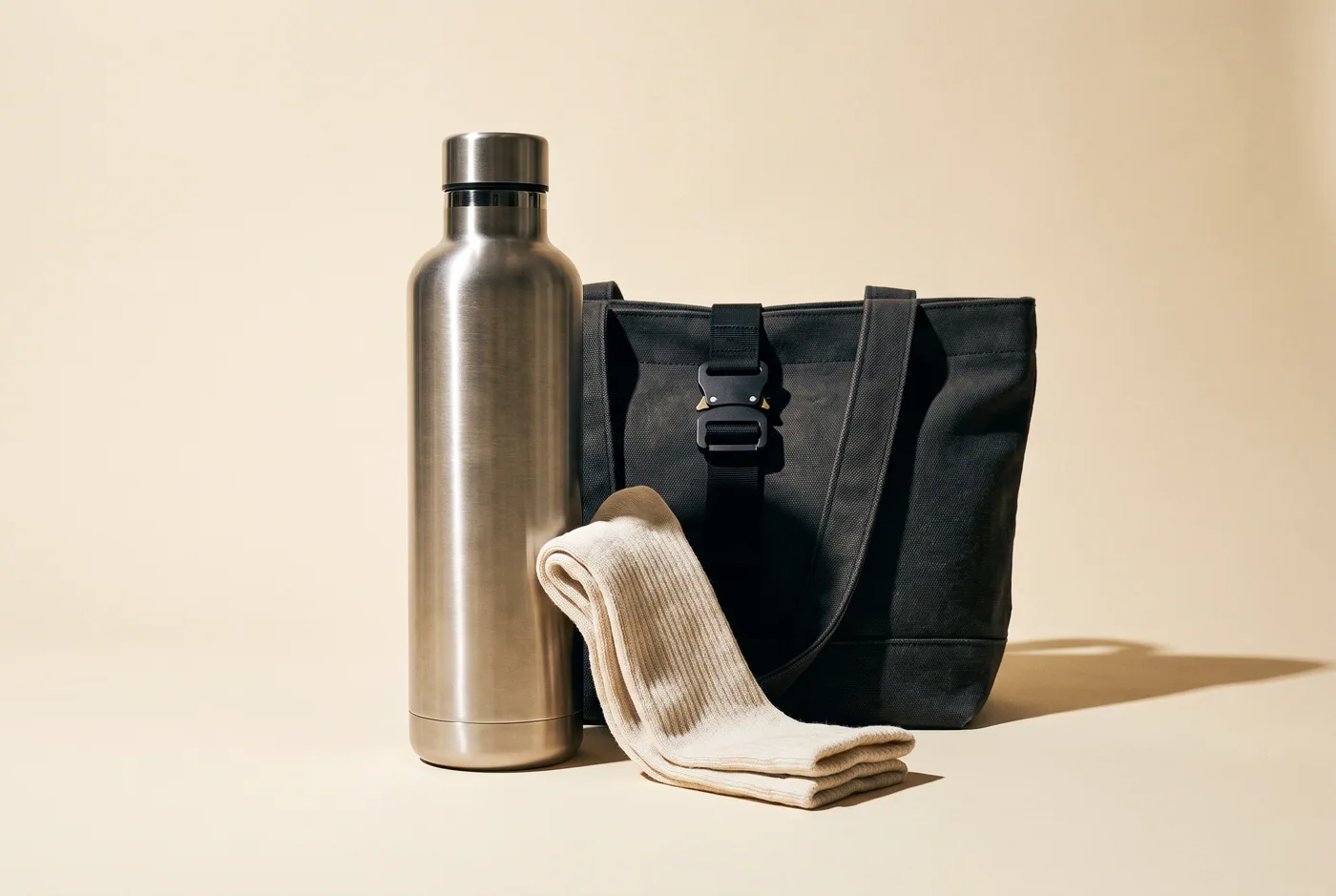 A brushed steel water bottle, a folded pair of grip socks and a canvas tote
