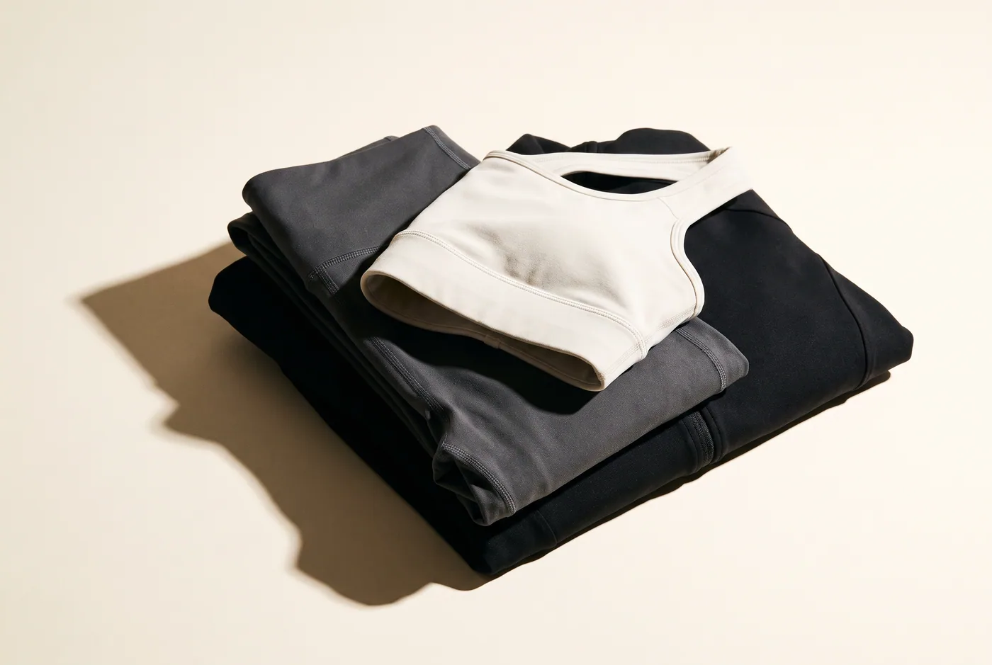 Folded technical-knit leggings with a sports bra resting on top