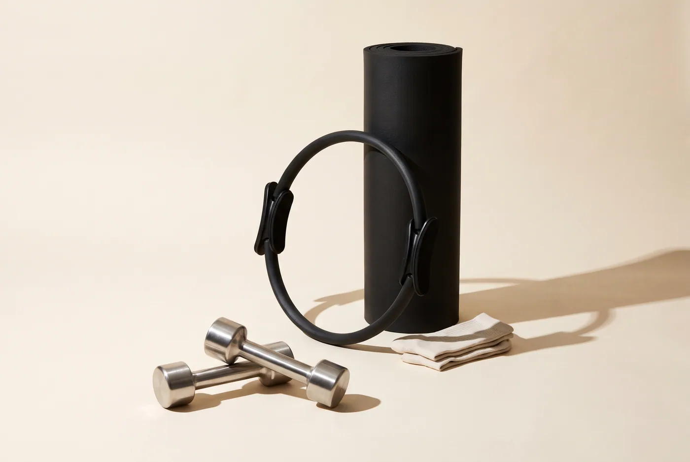 Hand weights, a steel ring, a rolled mat and grip socks grouped together